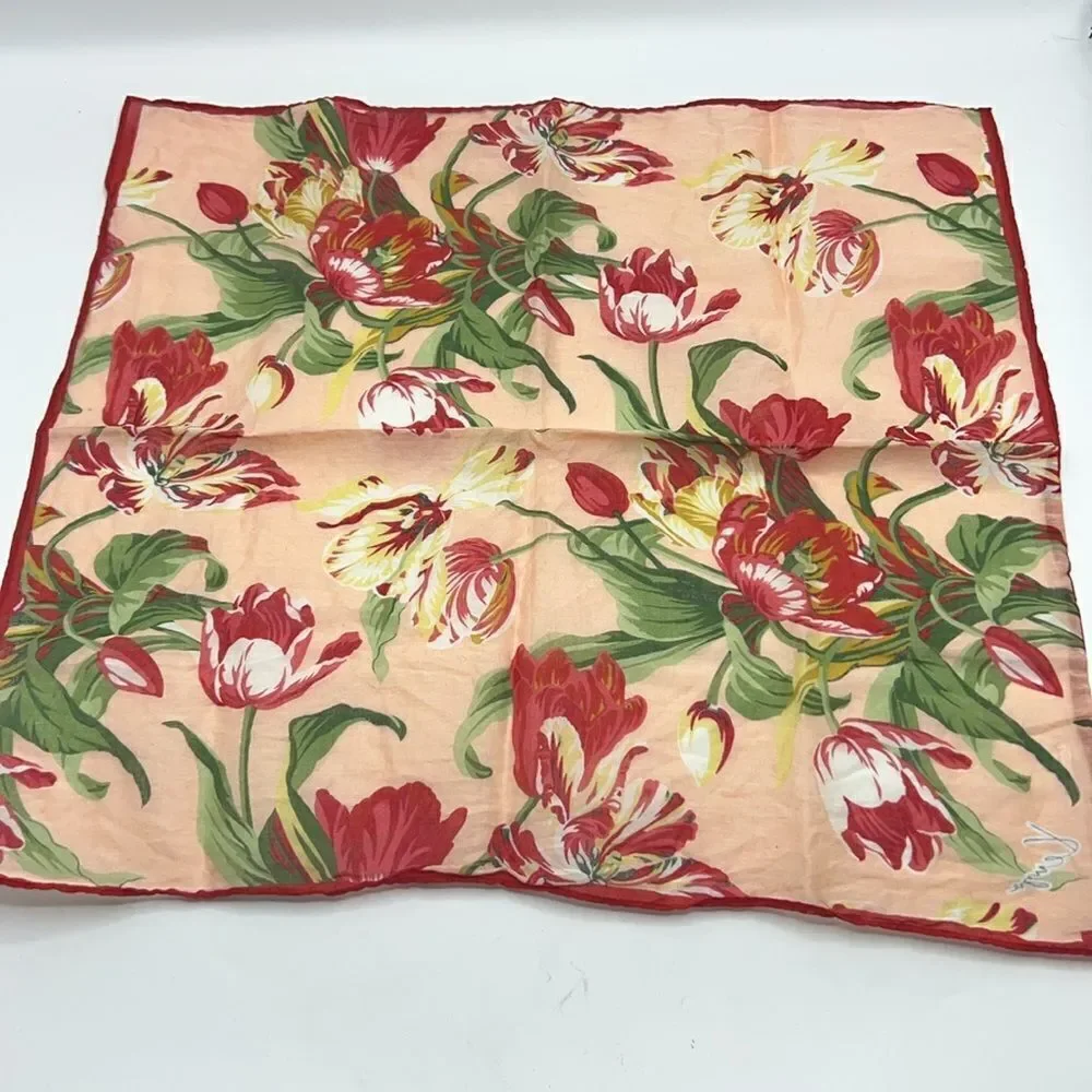 KENZO Peach, Red, Green and Yellow Tulip Pattern Cotton Handkerchief Scarf